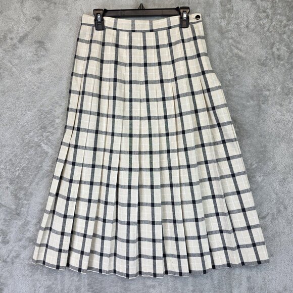 Vintage Cottage Tailor Skirt Womens 12 Beige Black Plaid Pleated Made USA 70s - Picture 1 of 8
